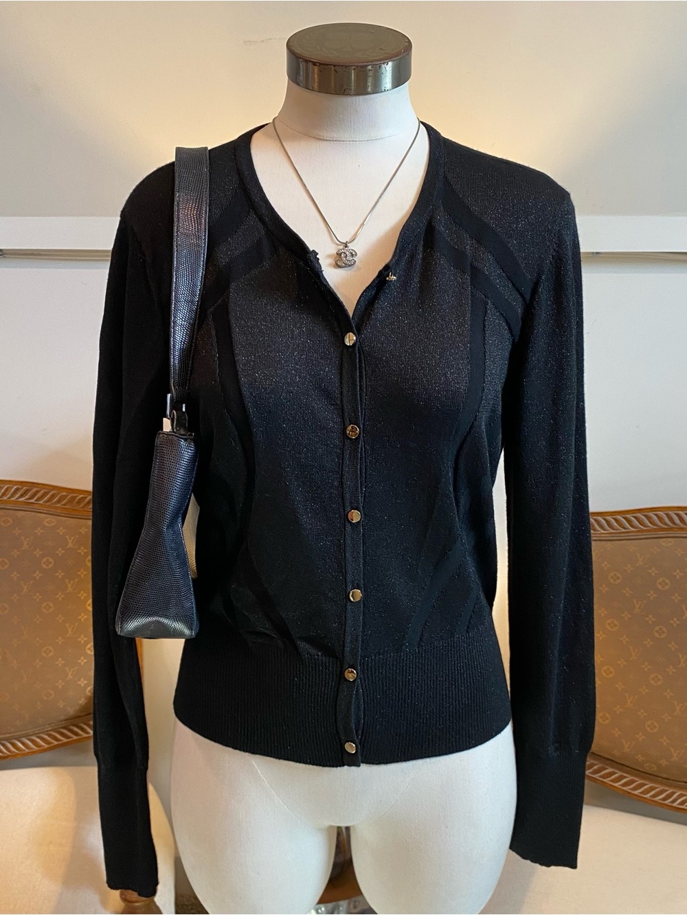 Vintage Cache Black Button-Front Cardigan Large with Subtle Sheen Office Gothic